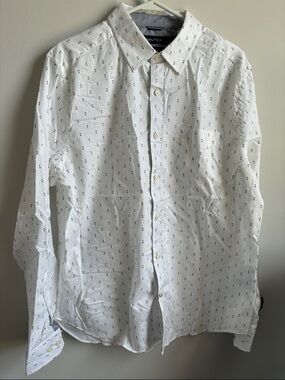 Nautica White Long‑Sleeve Button Down Shirt with Navy Anchor Motif